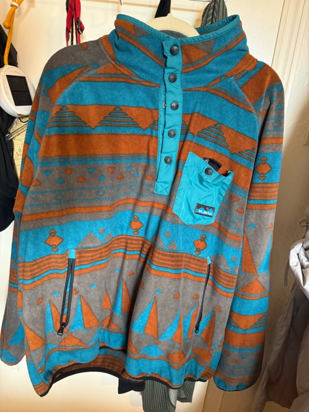 Kavu Teal and Rust Aztec Pullover Fleece Hoodie